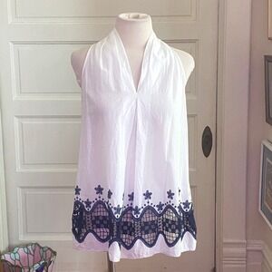 Sophie Max shirt White Halte Navy  Embroidered Eyelet Lace Hem V-Neck boho